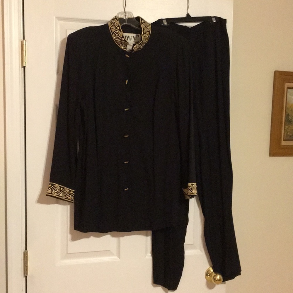 Fun, two-piece pant suit with an Asian flair.